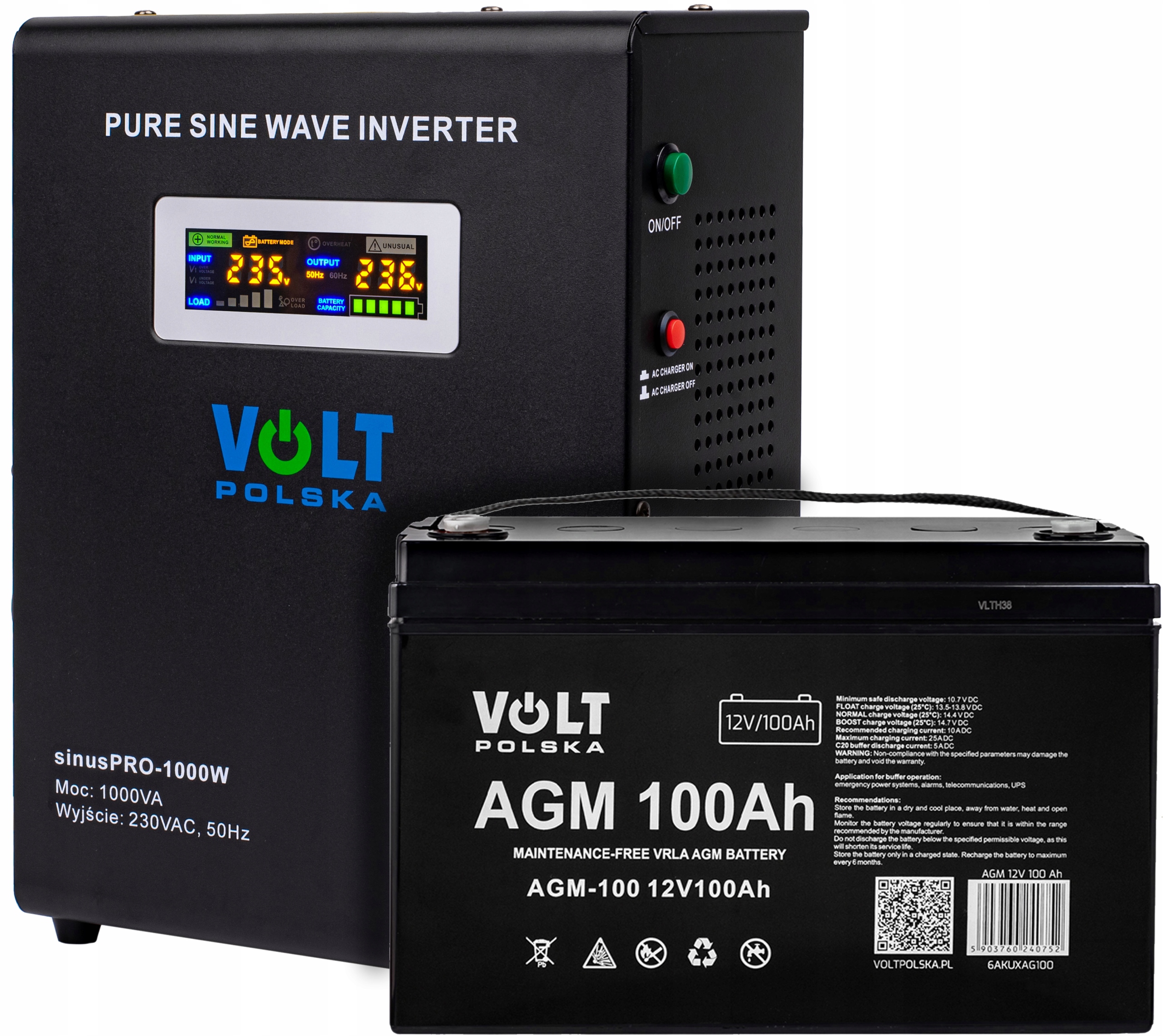 UPS napájací zdroj Volt Polska 3SP100012W 1000 VA 700 W + BEZÚDRŽBOVÁ AGM BATÉRIA PRE UPS 12V 100Ah